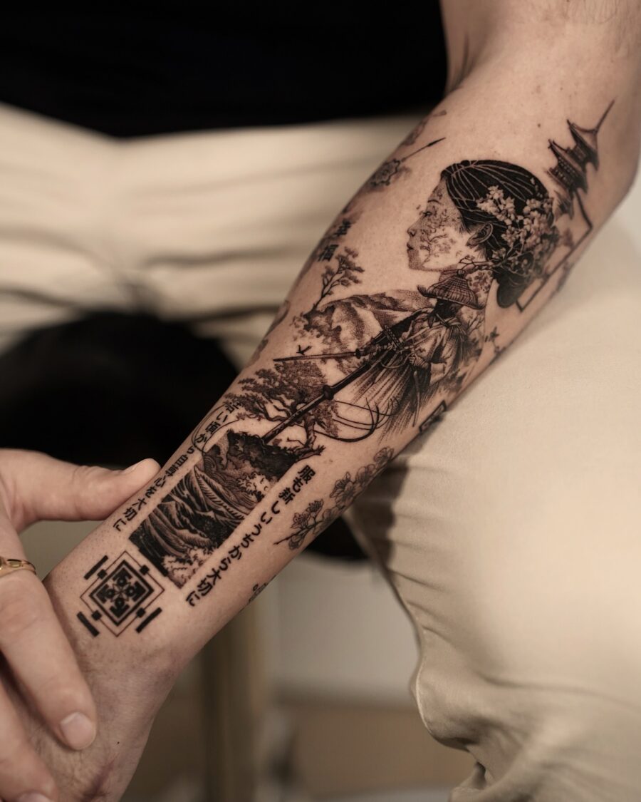 Elegant Japanese Tattoo Featuring Woman and Nature Tattoo on skin