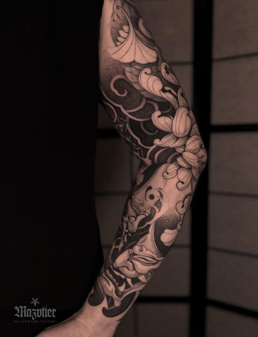 Stunning Blackwork Japanese Tattoo on Arm Tattoo on skin