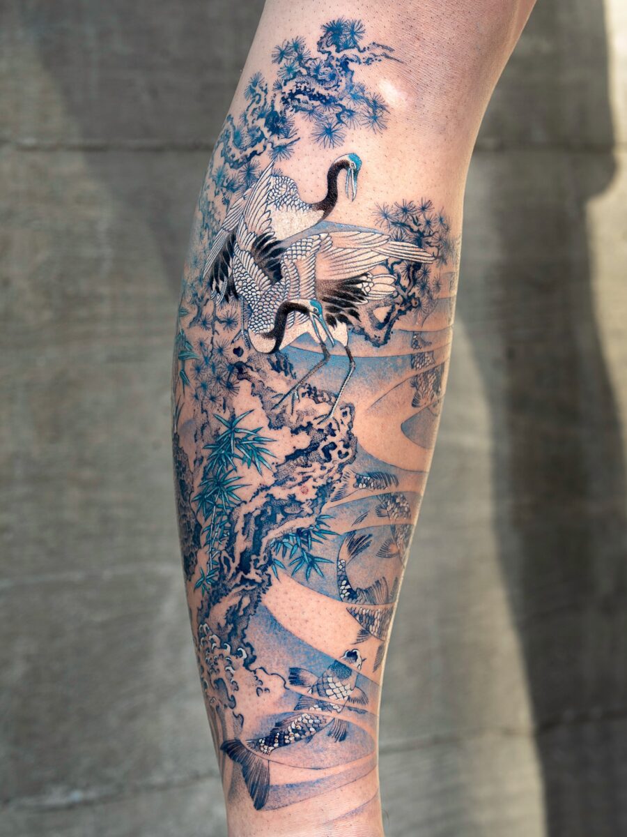 Stunning Japanese Crane and Bamboo Tattoo Design Tattoo on skin