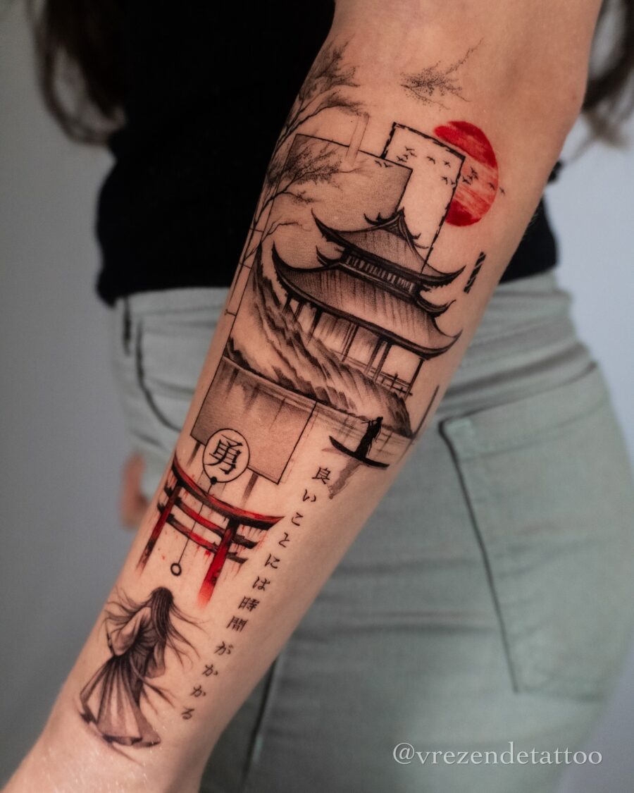 Stunning Japanese traditional tattoo with scenic elements Tattoo on skin