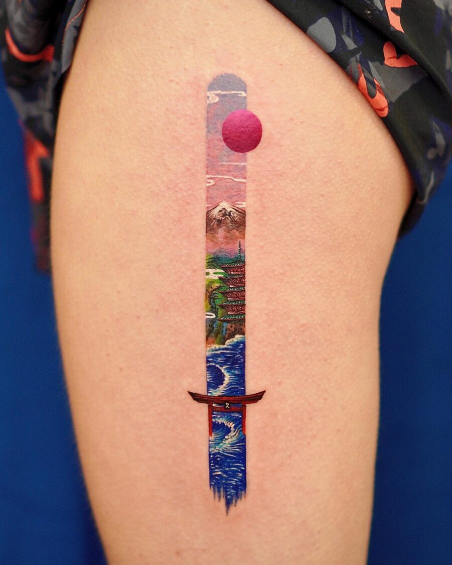 Vibrant Japanese Tattoo Featuring a Sword Scene Tattoo on skin