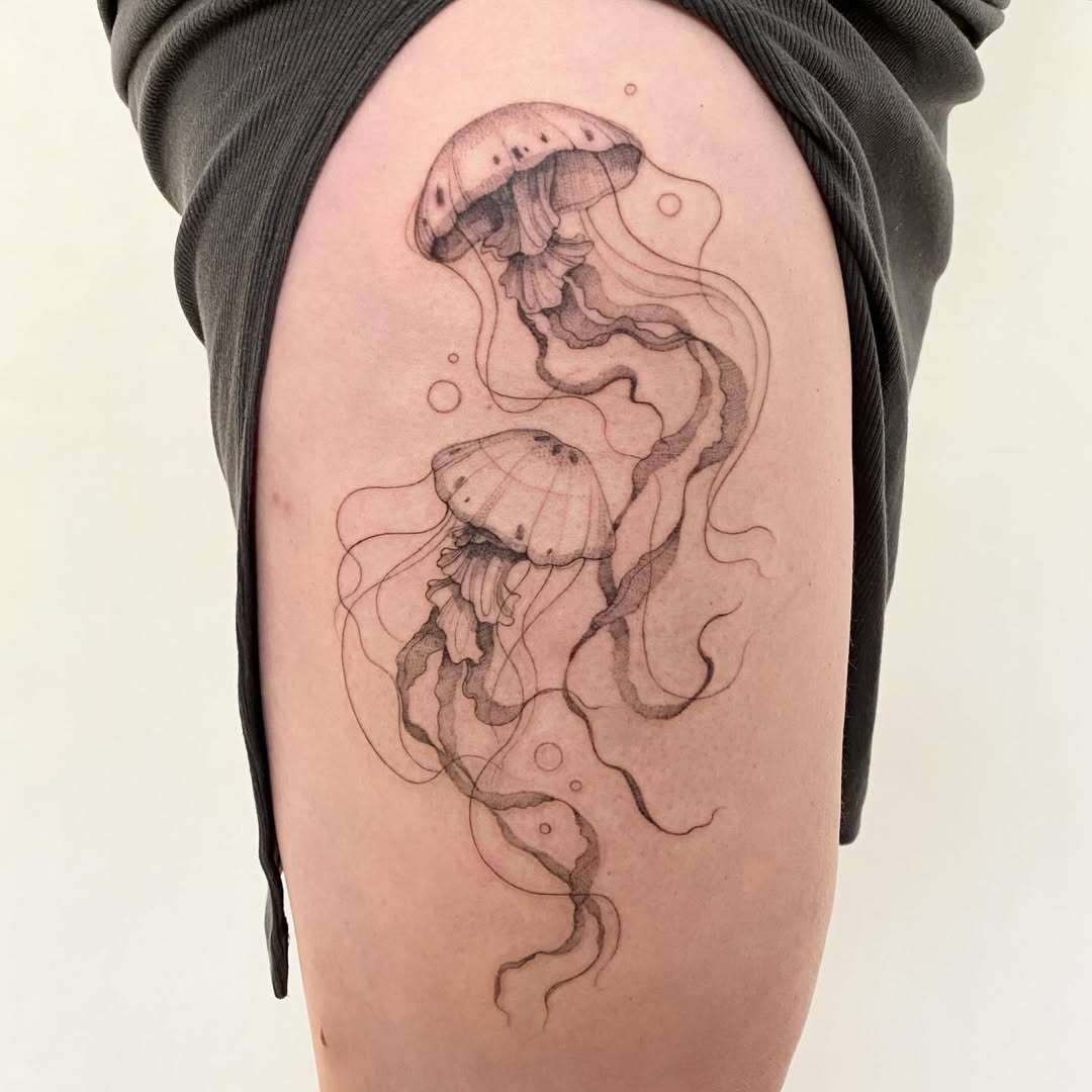 Stunning jellyfish tattoo with intricate details Tattoo on skin