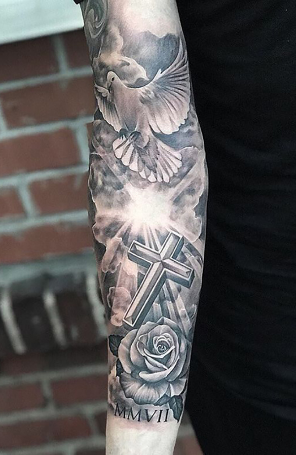 3D Cross Tattoo in the Sky with Roses and a Dove Tattoo on skin