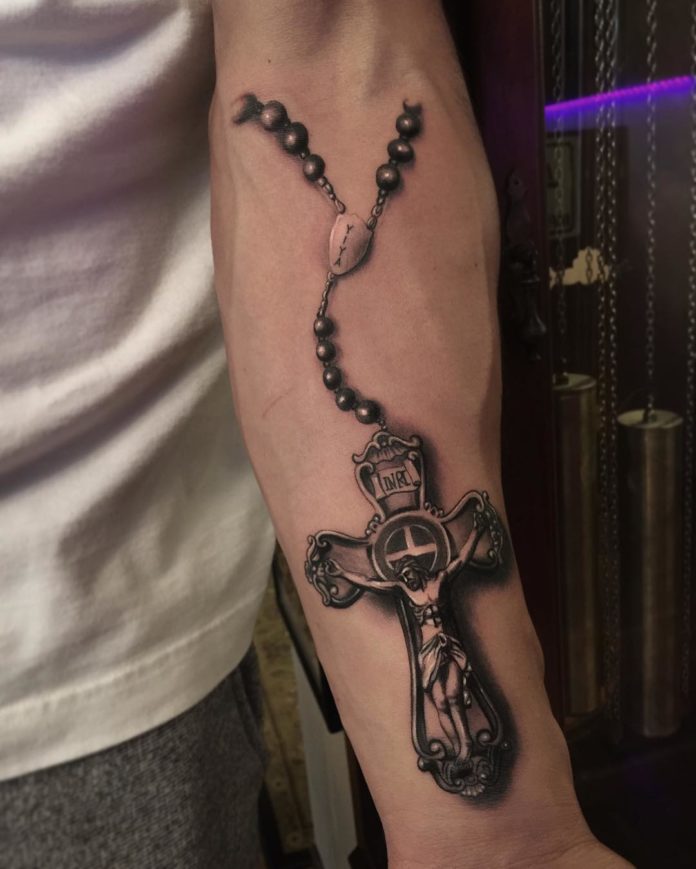 3D Rosary and Jesus Portrait Cross Tattoo Tattoo on skin