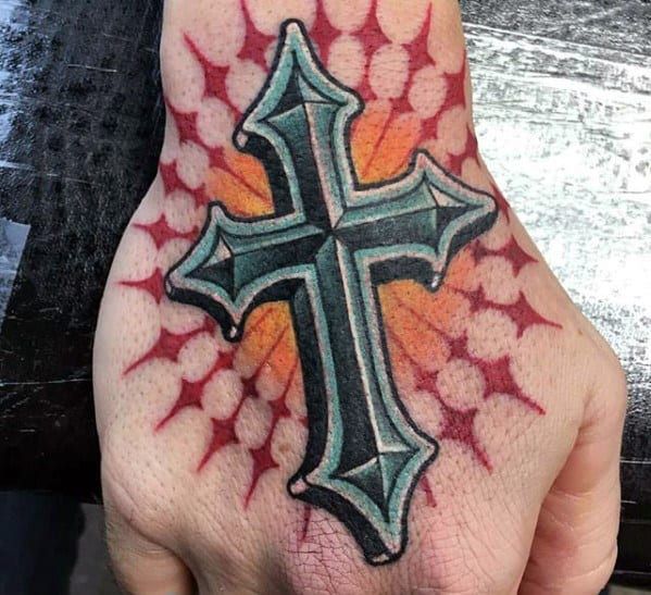 Bright Hand Tattoo with 3D Spanish Cross Tattoo Tattoo on skin