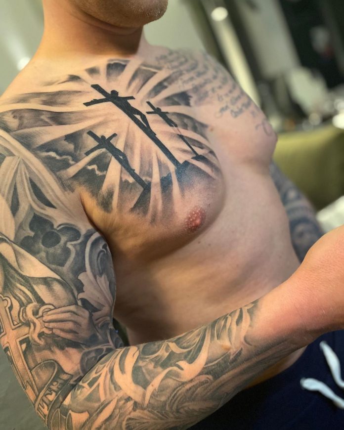 Chest Cross Tattoo of the Three Crosses on Calvary Tattoo on skin