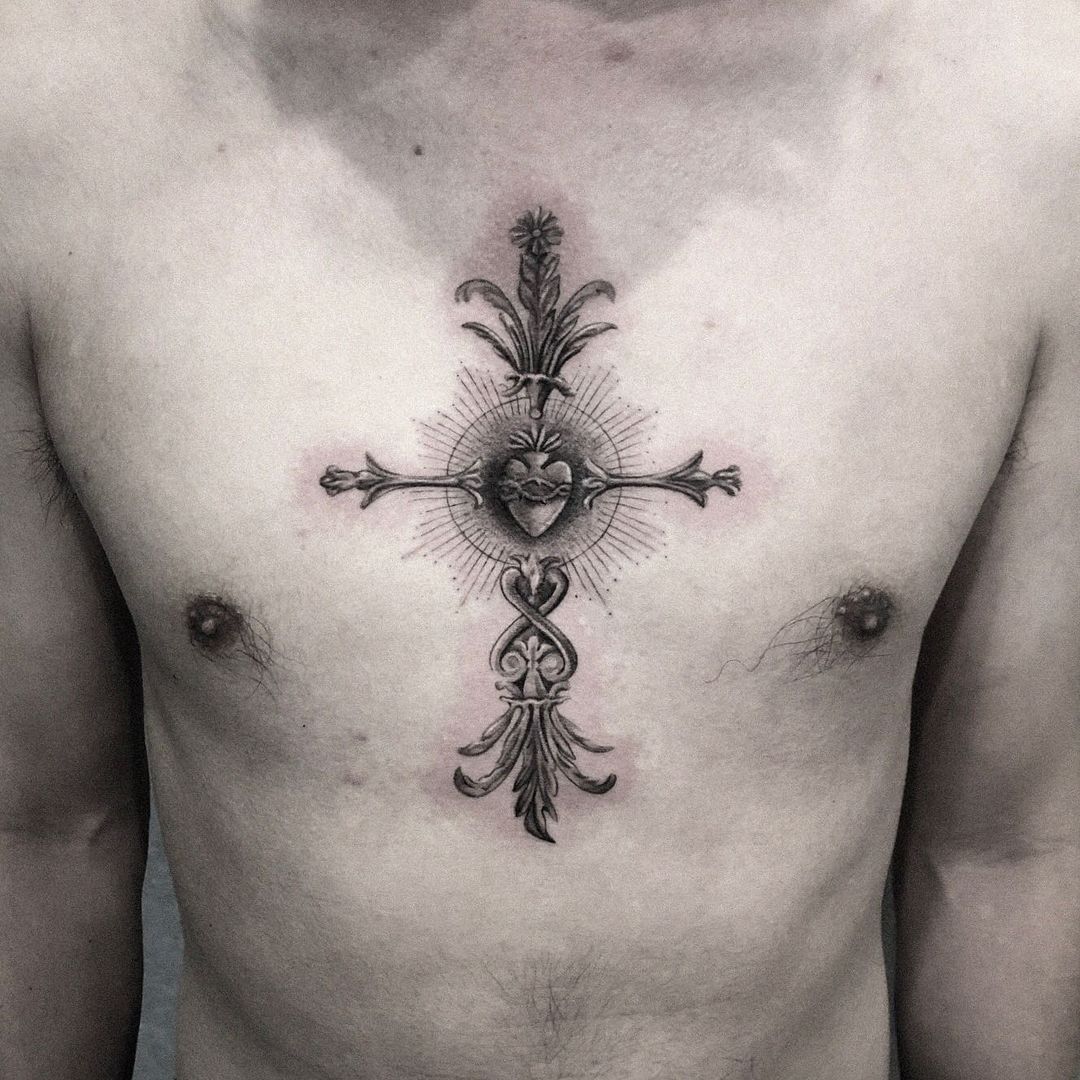 French Cross Tattoo with a Crown of Thorns Tattoo on skin