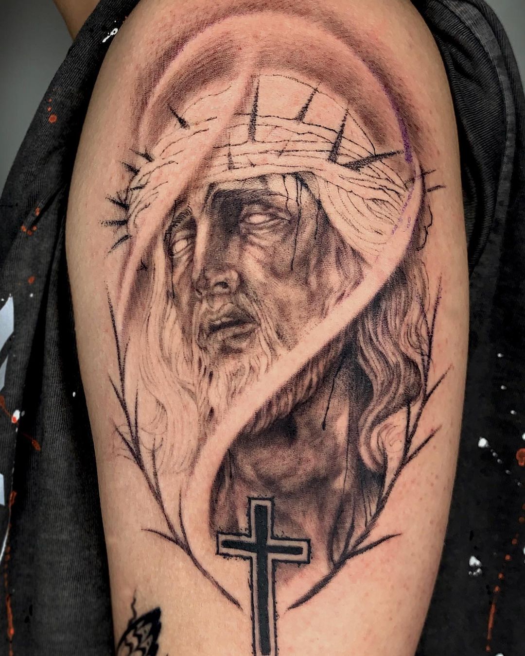 Portrait of Jesus Tattoo with 2D Cross Tattoo Tattoo on skin
