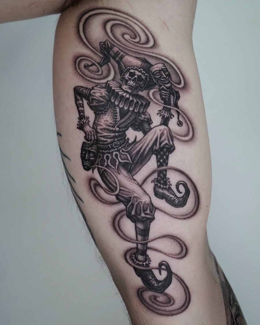 Dynamic Joker Tattoo with a Skeleton Clown Tattoo on skin