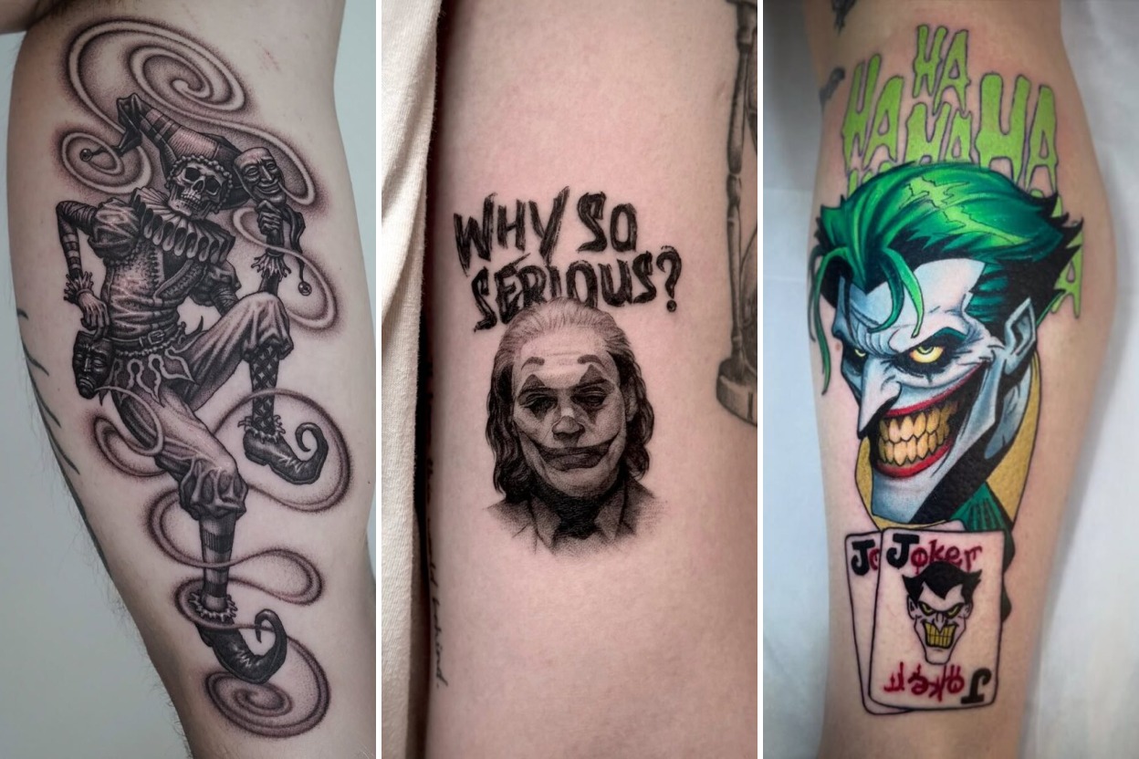 35+ Joker Tattoo Ideas Channeling Iconic Chaotic Comic Artistry Featured 3-Panel Lookbook Collage