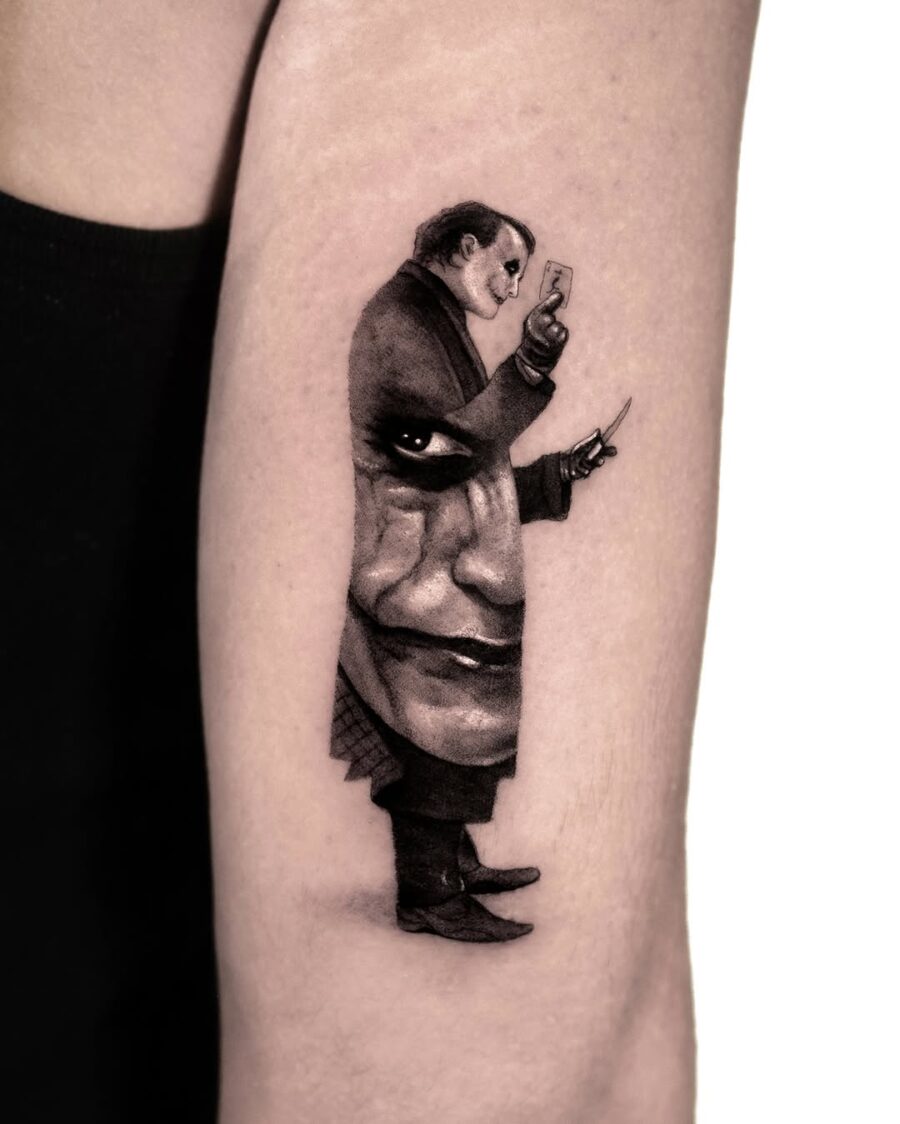 Intricate Joker Portrait Tattoo with Depth Tattoo on skin