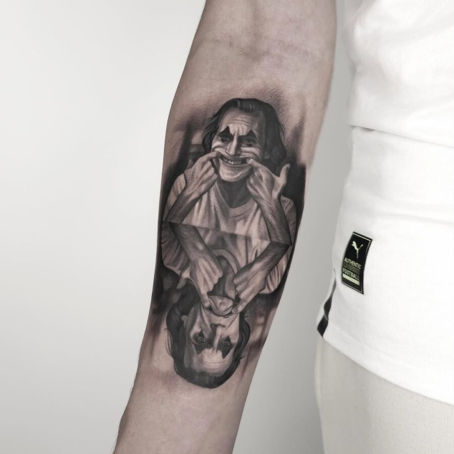 Intricate Joker Portrait with Mirror Effect Tattoo on skin