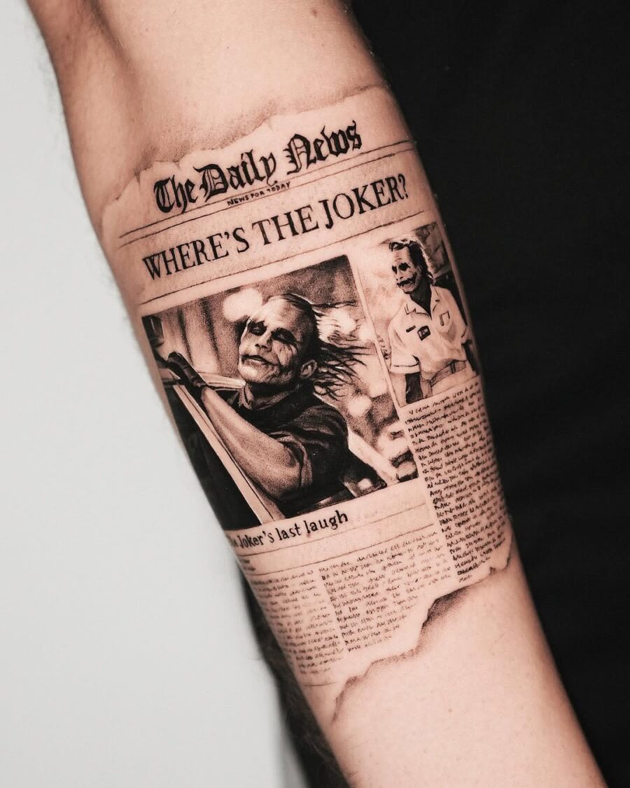 Intriguing Joker tattoo resembling a newspaper article Tattoo on skin