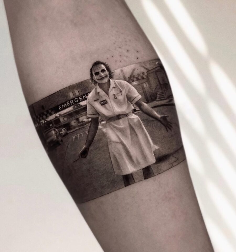 Striking Joker Tattoo with Nurse Theme Tattoo on skin