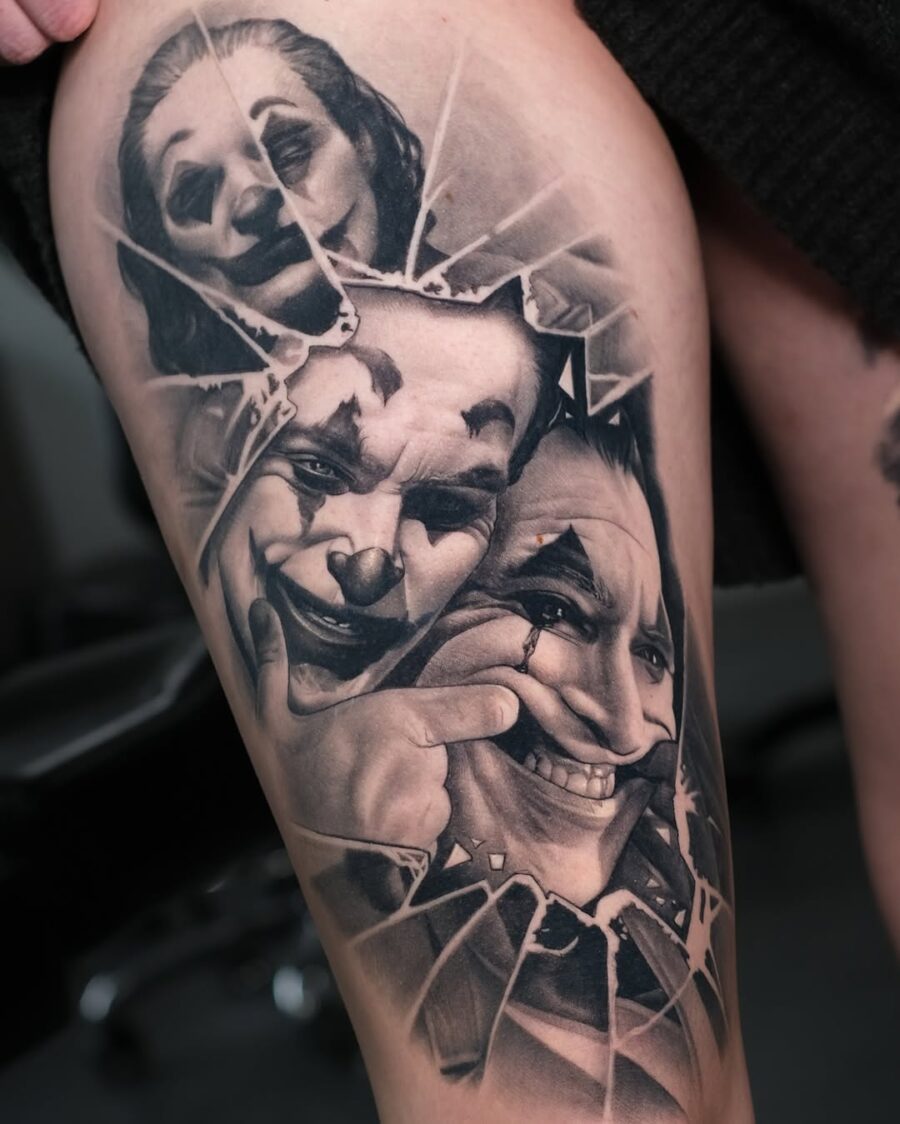 Striking Joker Tattoos Captured in Shattered Glass Tattoo on skin