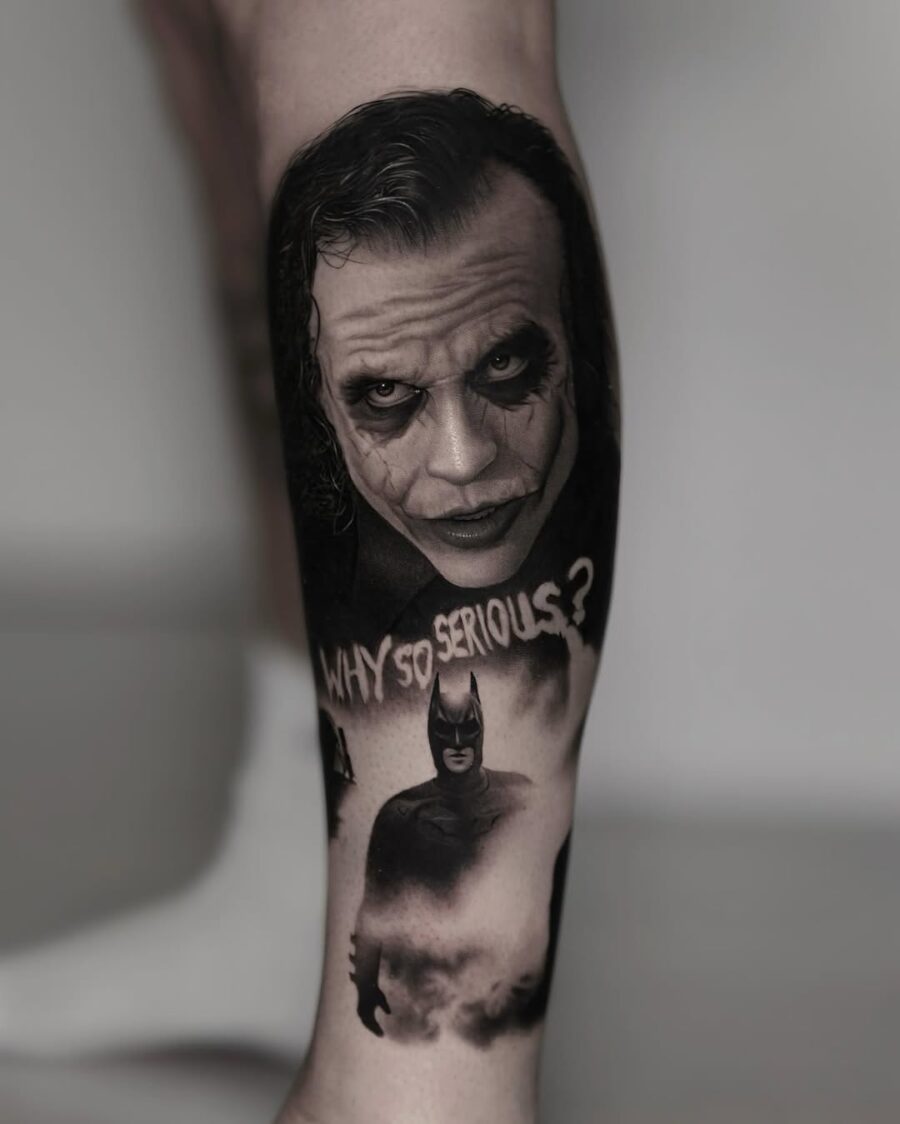 Striking Joker-themed leg tattoo with Batman Tattoo on skin