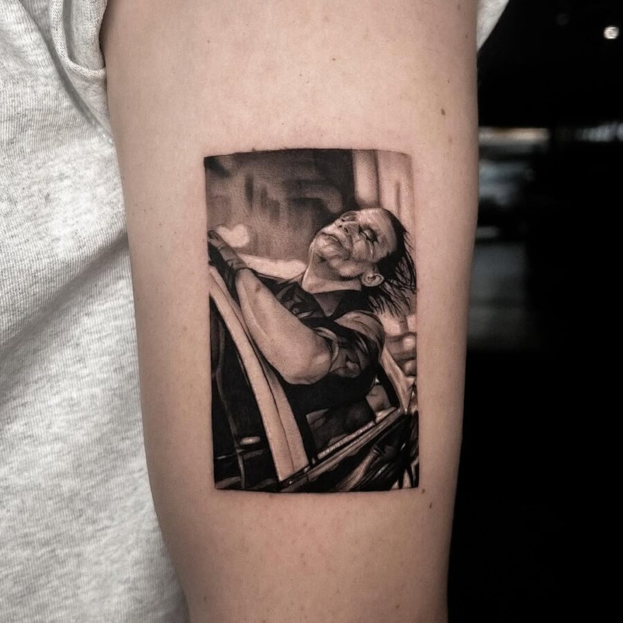 Stunning Joker Tattoo in Dynamic Car Scene joker tattoos