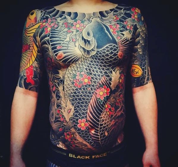 Black Koi Over Whole Torso Tattoo on skin