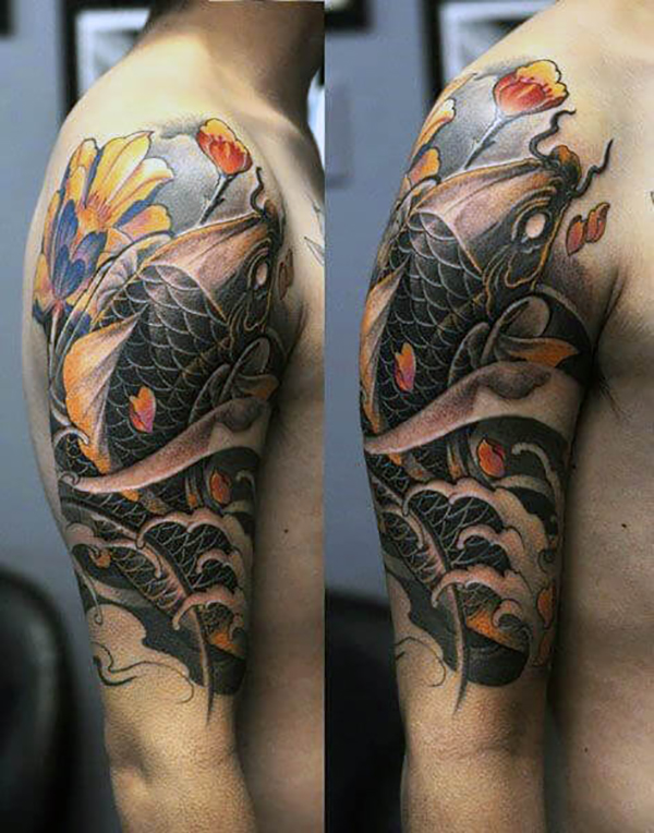 Black Koi Swimming Upstream with Flowers Koi Fish Tattoos Tattoo on skin
