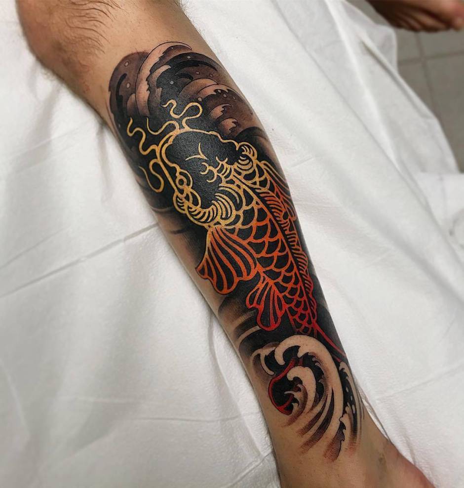 Black Koi Swimming Upstream with Golden Outline Fish Tattoo Designs Tattoo on skin