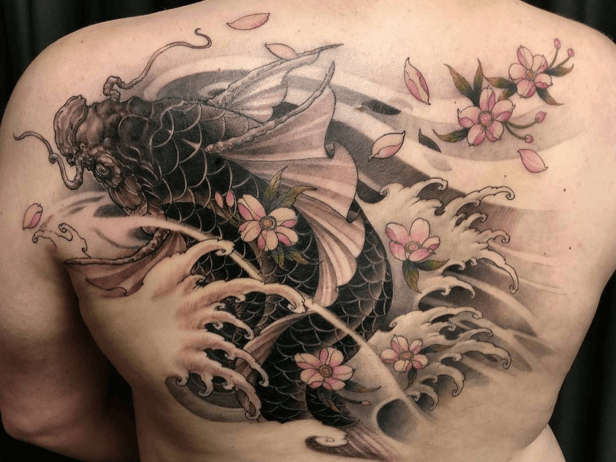 Black Koi with Cherry Blossoms Koi Fish Tattoo Designs Tattoo on skin
