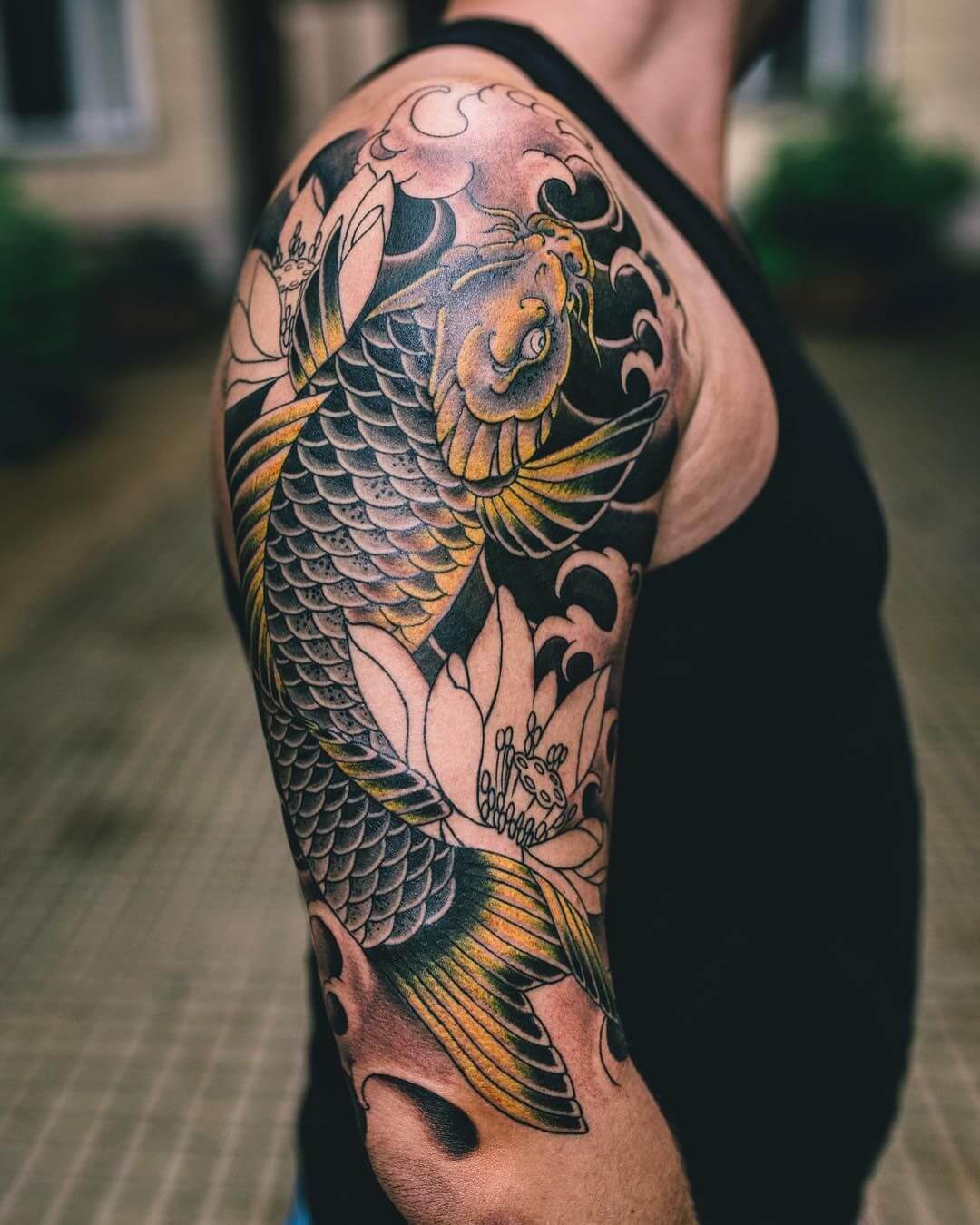 Black Koi with Lotus Flowers Koi Fish Tattoo Designs Tattoo on skin