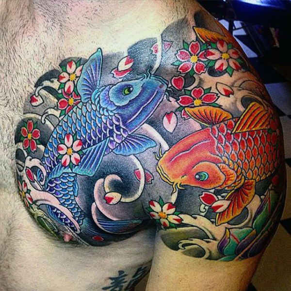 Blue and Golden Koi with Cherry Blossoms Fish Tattoos Tattoo on skin