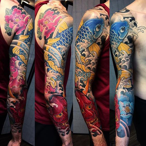 Blue Koi Swimming Upstream and Oni Mask Koi Fish Tattoos Tattoo on skin