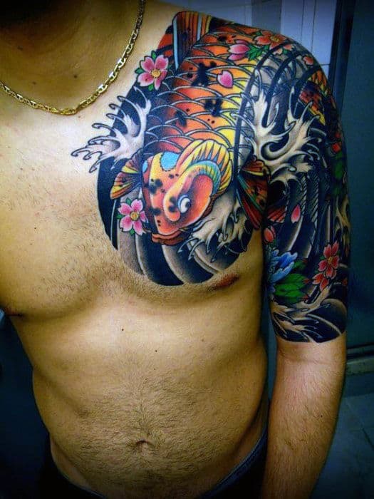 Golden Koi Swimming with the Current Fish Tattoos Tattoo on skin