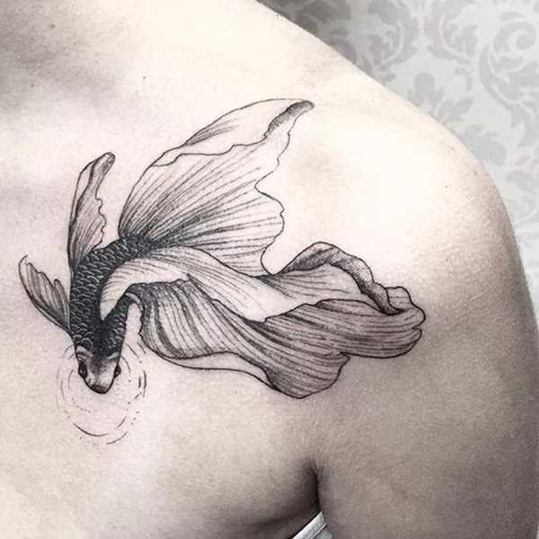 Long Finned Goldfish in a Pond Tattoo on skin