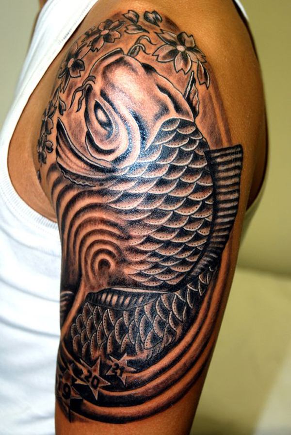 Monochrome Koi with Cherry Blossoms Tattoo on skin
