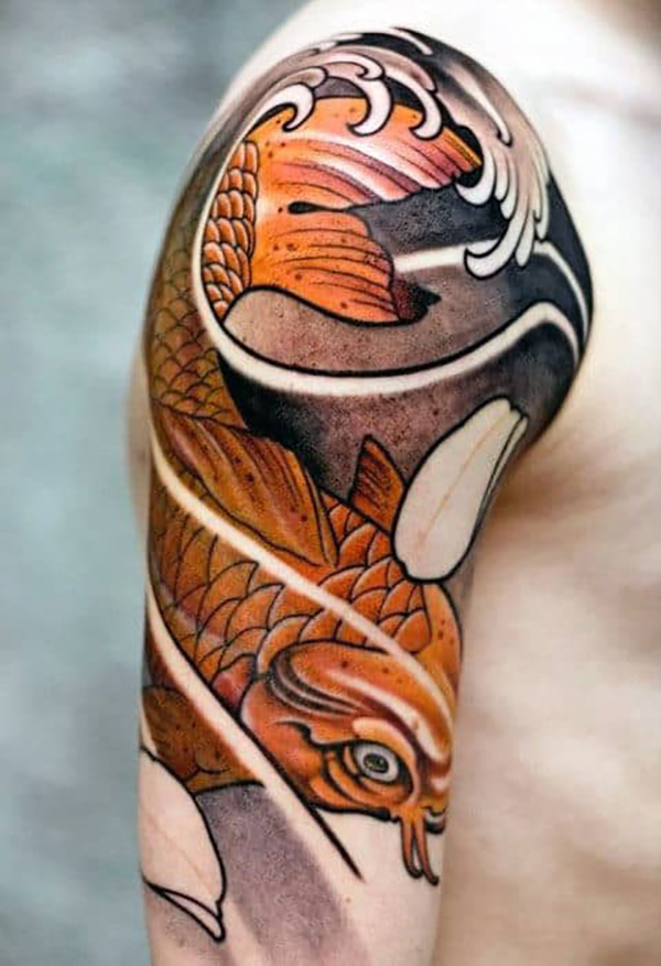Orange Koi Swimming with the Current Koi Fish Tattoos Tattoo on skin