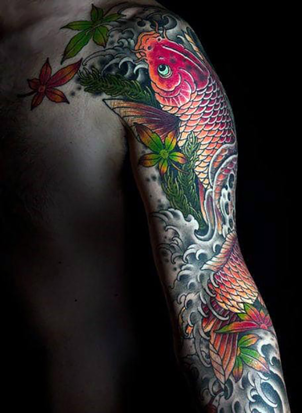 Red Koi and Japanese Maple Leaves Fish Tattoo Designs Tattoo on skin
