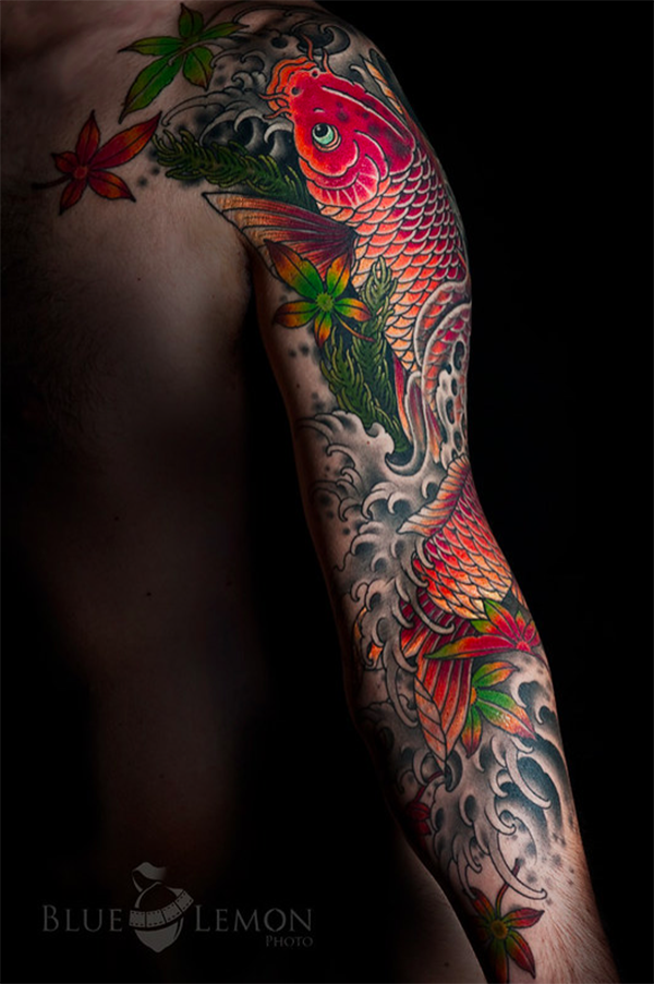 Red Koi Swimming Upstream with Leaves Koi Fish Tattoos koi fish tattoos