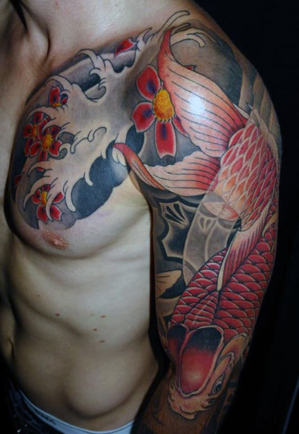 Red Koi with Cherry Blossoms Going Downstream Fish Tattoo Designs Tattoo on skin