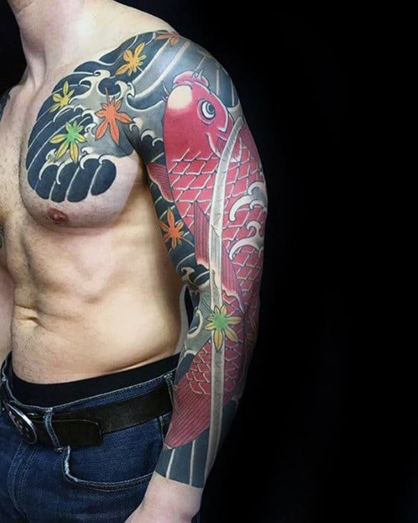Red Koi with Japanese Maple Leaves Koi Fish Tattoo Designs Tattoo on skin