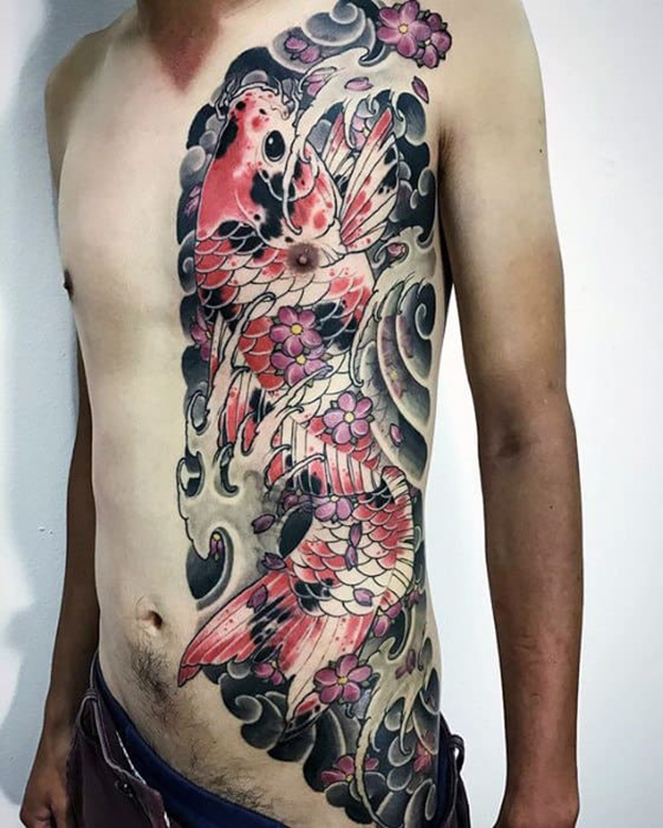 Sanke Pattern Koi Swimming Upstream Koi Fish Tattoos Tattoo on skin