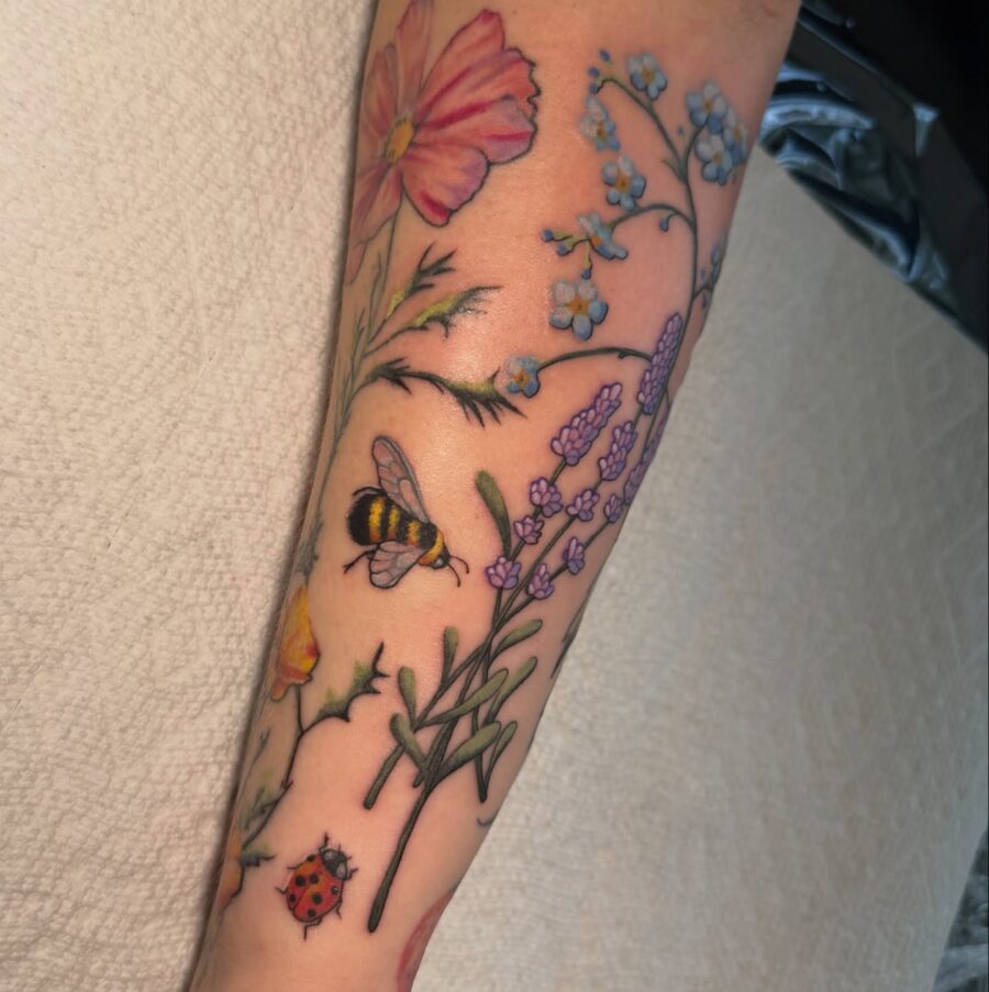 Charming lavender tattoo with nature's elements Tattoo on skin