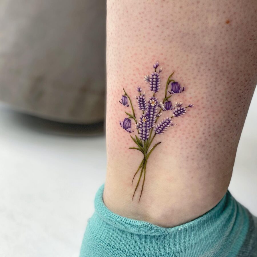 Captivating lavender tattoo on the ankle Tattoo on skin
