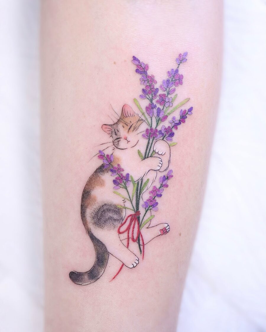 Charming cat embraced by vibrant lavender bouquet Tattoo on skin