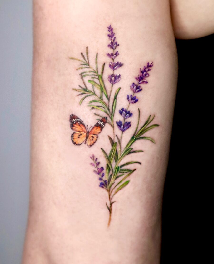Charming lavender tattoo with butterfly element Tattoo on skin