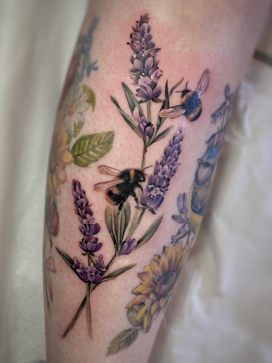 Colorful lavender and bee tattoo design Tattoo on skin