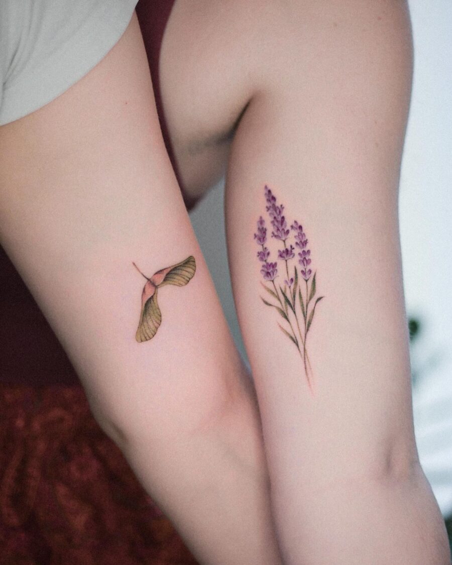 Elegant lavender and hummingbird tattoo design Tattoo on skin