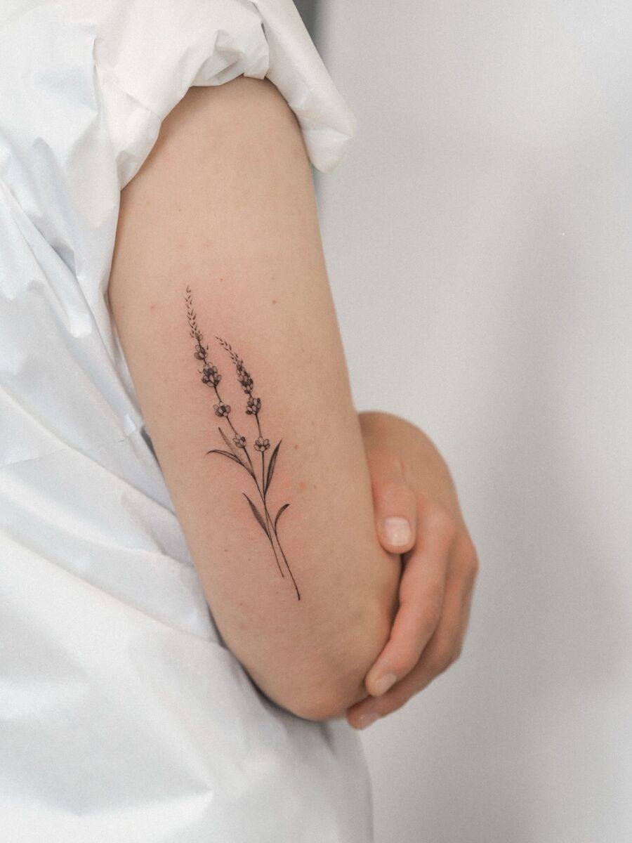 Elegant Minimalist Lavender Arm Tattoo Design Tattoo on skin