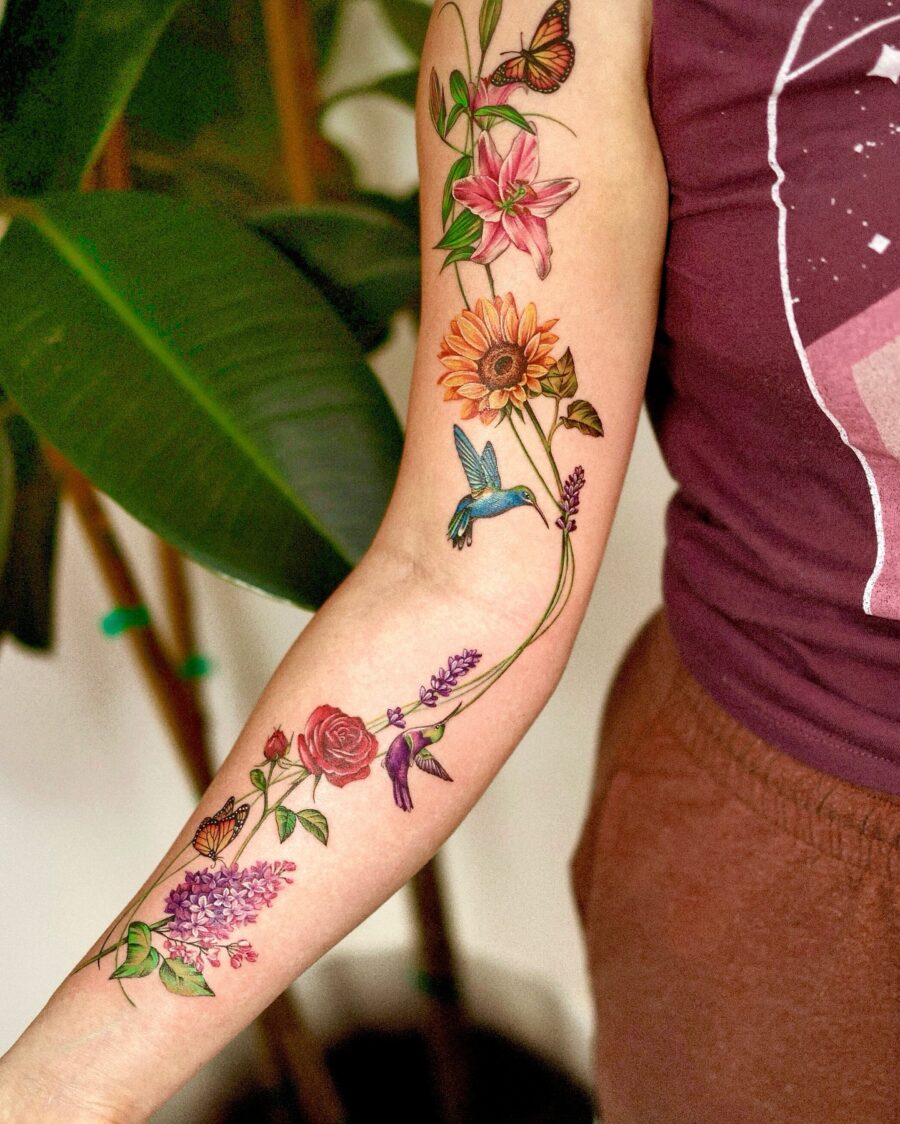 Vibrant lavender tattoo with floral elements Tattoo on skin
