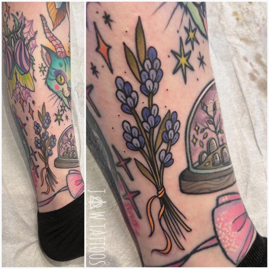 Vibrant lavender tattoo with whimsical elements. Tattoo on skin