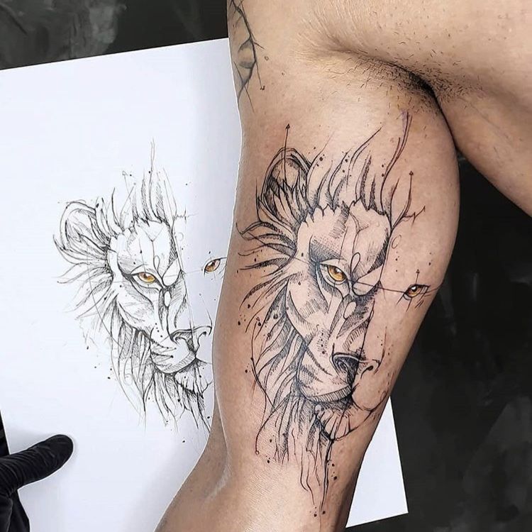 Half Lion Face Half Lioness Face Tattoo Tattoo on skin