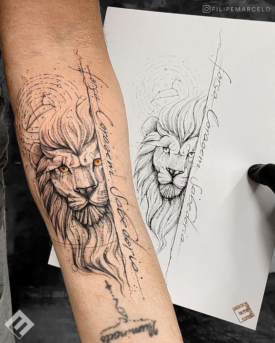 Lion King Tattoo, Yellow-Eyed Lion Face Tattoo with Script Tattoo on skin