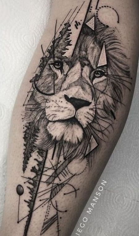 Lion Tattoo Ideas: Lion Tattoo with Abstract Shapes by Tattoo Artist Tattoo on skin