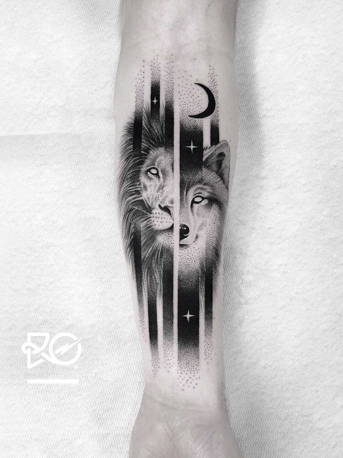 Half Lion Half Wolf at Night Tattoo Tattoo on skin